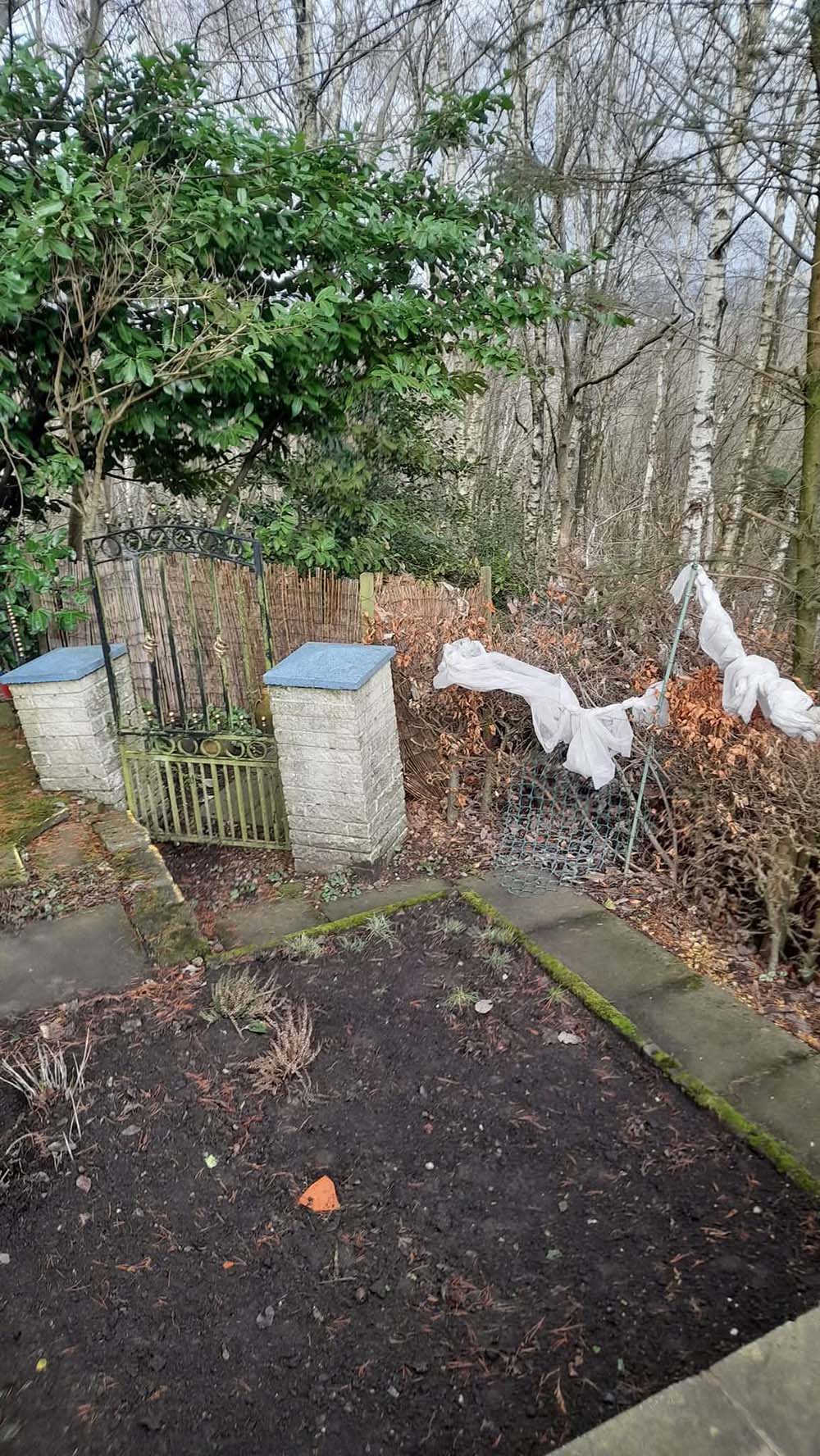 Broken garden fence in Wirral